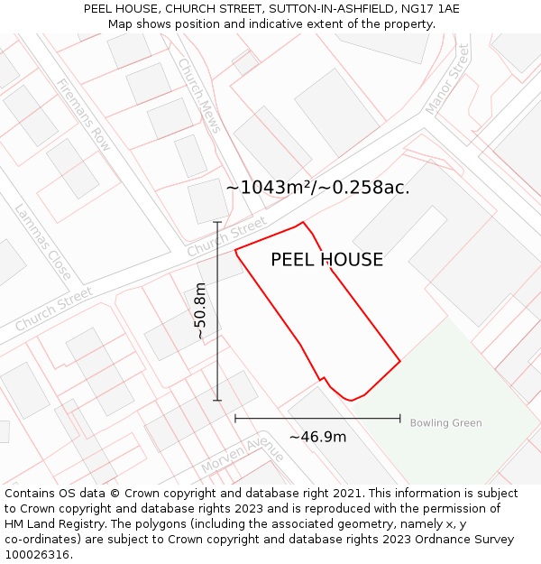 PEEL HOUSE, CHURCH STREET, SUTTON-IN-ASHFIELD, NG17 1AE: Plot and title map