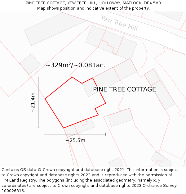 PINE TREE COTTAGE, YEW TREE HILL, HOLLOWAY, MATLOCK, DE4 5AR: Plot and title map