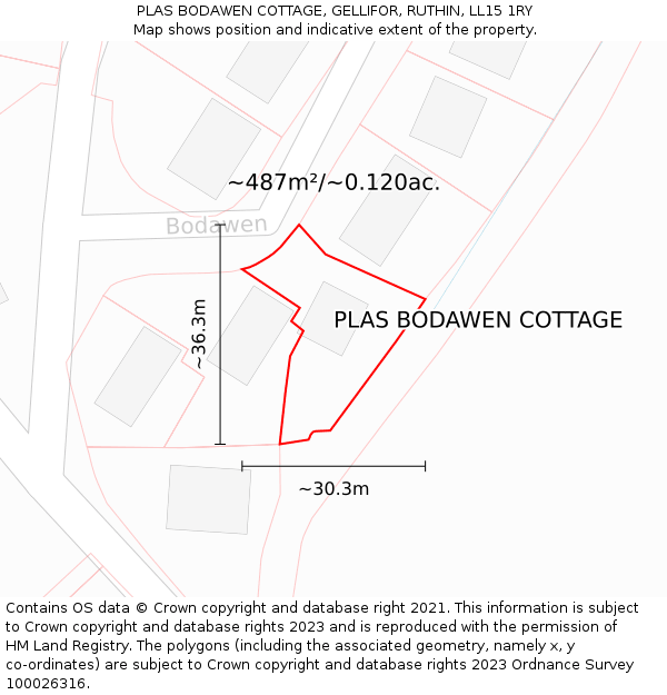 PLAS BODAWEN COTTAGE, GELLIFOR, RUTHIN, LL15 1RY: Plot and title map