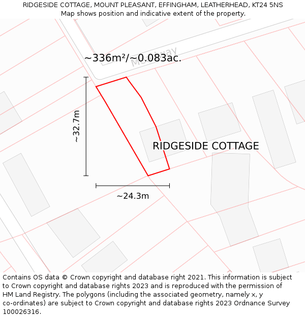 RIDGESIDE COTTAGE, MOUNT PLEASANT, EFFINGHAM, LEATHERHEAD, KT24 5NS: Plot and title map