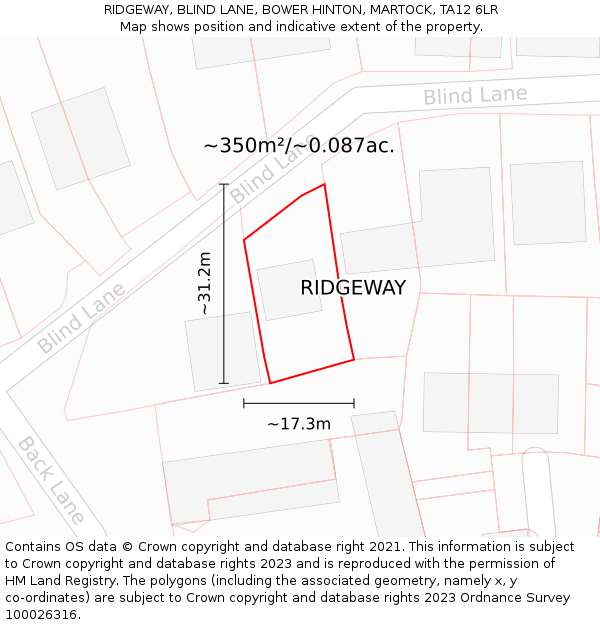 RIDGEWAY, BLIND LANE, BOWER HINTON, MARTOCK, TA12 6LR: Plot and title map