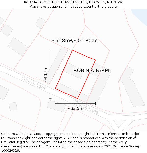 ROBINIA FARM, CHURCH LANE, EVENLEY, BRACKLEY, NN13 5SG: Plot and title map