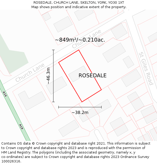 ROSEDALE, CHURCH LANE, SKELTON, YORK, YO30 1XT: Plot and title map