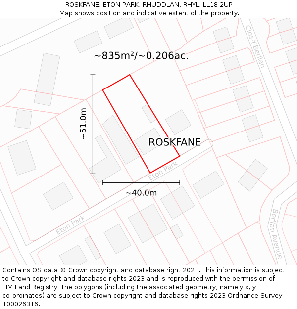 ROSKFANE, ETON PARK, RHUDDLAN, RHYL, LL18 2UP: Plot and title map