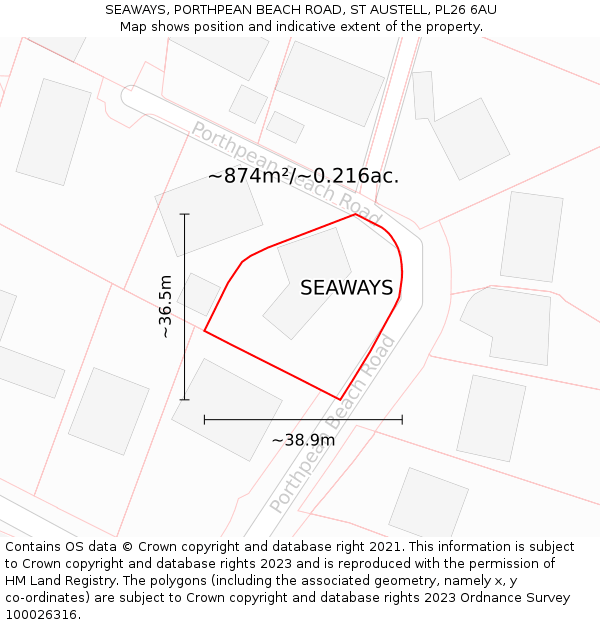 SEAWAYS, PORTHPEAN BEACH ROAD, ST AUSTELL, PL26 6AU: Plot and title map