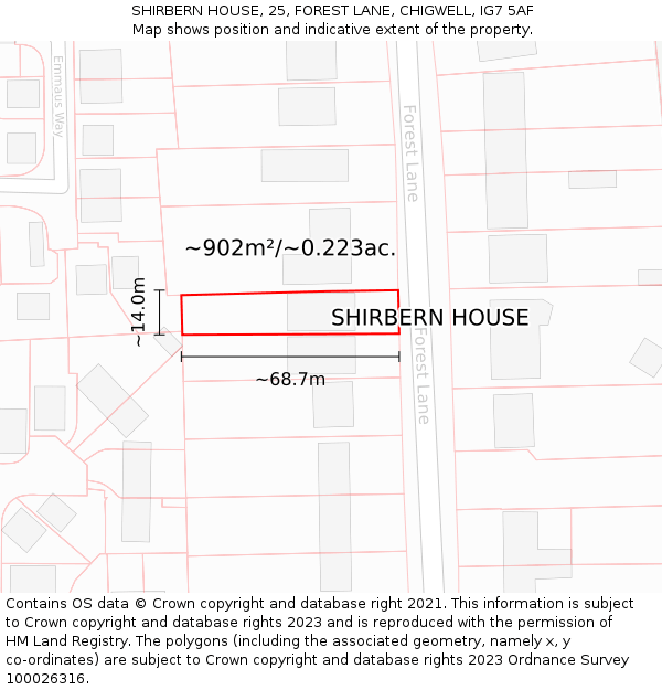 SHIRBERN HOUSE, 25, FOREST LANE, CHIGWELL, IG7 5AF: Plot and title map