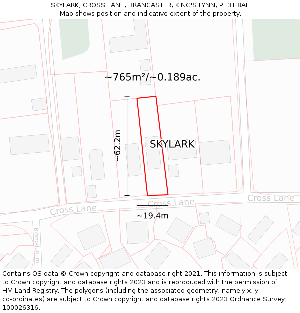 SKYLARK, CROSS LANE, BRANCASTER, KING'S LYNN, PE31 8AE: Plot and title map