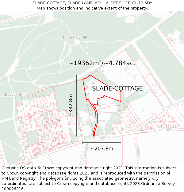 SLADE COTTAGE, SLADE LANE, ASH, ALDERSHOT, GU12 6DY: Plot and title map