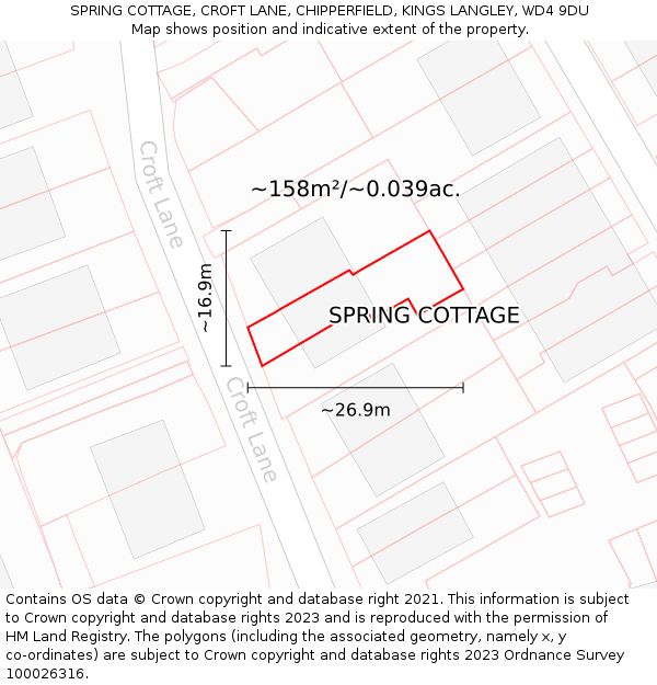 SPRING COTTAGE, CROFT LANE, CHIPPERFIELD, KINGS LANGLEY, WD4 9DU: Plot and title map