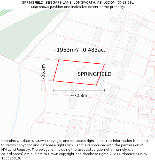 SPRINGFIELD, BEGGARS LANE, LONGWORTH, ABINGDON, OX13 5BL: Plot and title map