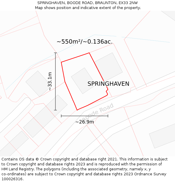 SPRINGHAVEN, BOODE ROAD, BRAUNTON, EX33 2NW: Plot and title map