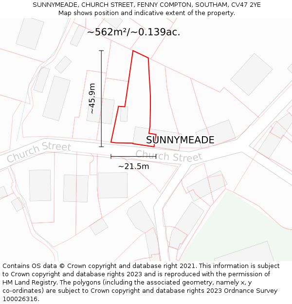 SUNNYMEADE, CHURCH STREET, FENNY COMPTON, SOUTHAM, CV47 2YE: Plot and title map