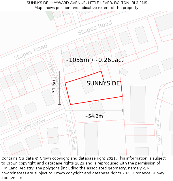 SUNNYSIDE, HAYWARD AVENUE, LITTLE LEVER, BOLTON, BL3 1NS: Plot and title map