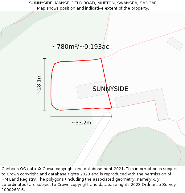 SUNNYSIDE, MANSELFIELD ROAD, MURTON, SWANSEA, SA3 3AP: Plot and title map