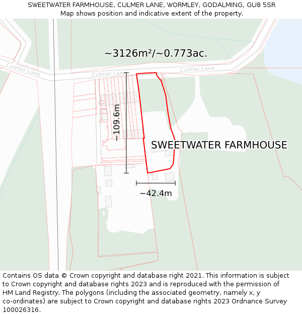 SWEETWATER FARMHOUSE, CULMER LANE, WORMLEY, GODALMING, GU8 5SR: Plot and title map