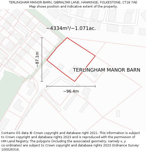 TERLINGHAM MANOR BARN, GIBRALTAR LANE, HAWKINGE, FOLKESTONE, CT18 7AE: Plot and title map