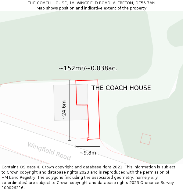 THE COACH HOUSE, 1A, WINGFIELD ROAD, ALFRETON, DE55 7AN: Plot and title map