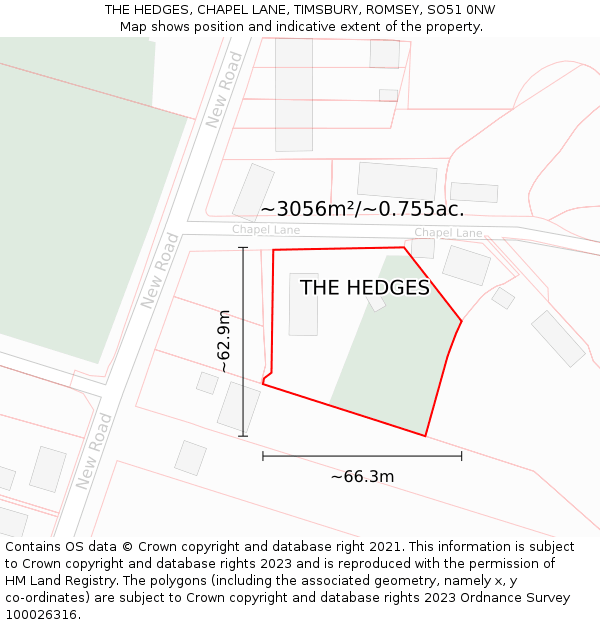 THE HEDGES, CHAPEL LANE, TIMSBURY, ROMSEY, SO51 0NW: Plot and title map