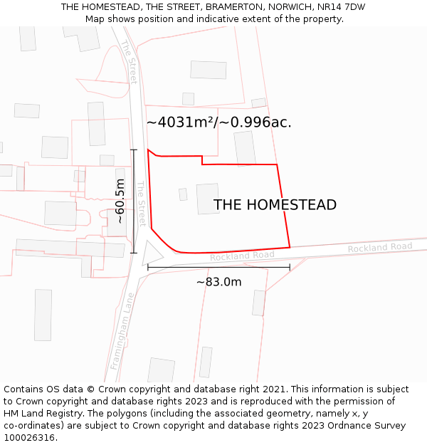 THE HOMESTEAD, THE STREET, BRAMERTON, NORWICH, NR14 7DW: Plot and title map