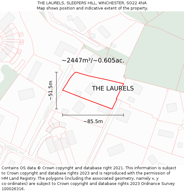 THE LAURELS, SLEEPERS HILL, WINCHESTER, SO22 4NA: Plot and title map