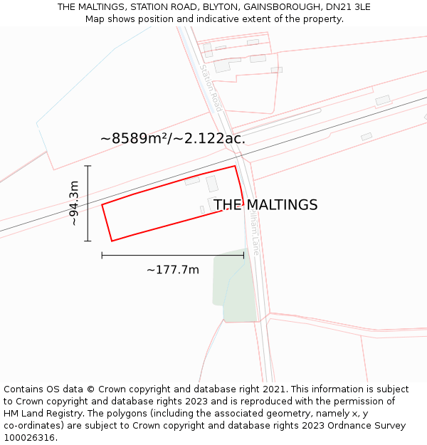 THE MALTINGS, STATION ROAD, BLYTON, GAINSBOROUGH, DN21 3LE: Plot and title map