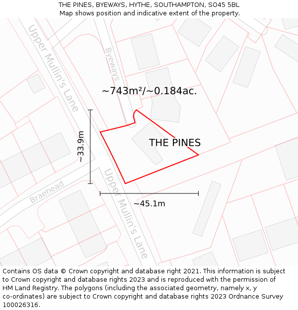 THE PINES, BYEWAYS, HYTHE, SOUTHAMPTON, SO45 5BL: Plot and title map