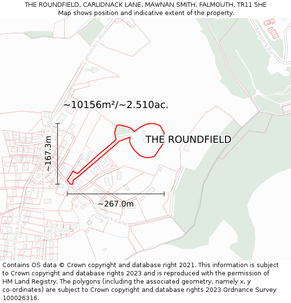 THE ROUNDFIELD, CARLIDNACK LANE, MAWNAN SMITH, FALMOUTH, TR11 5HE: Plot and title map