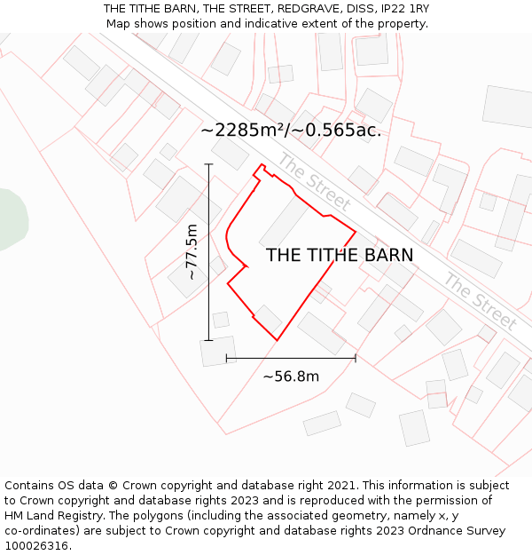 THE TITHE BARN, THE STREET, REDGRAVE, DISS, IP22 1RY: Plot and title map