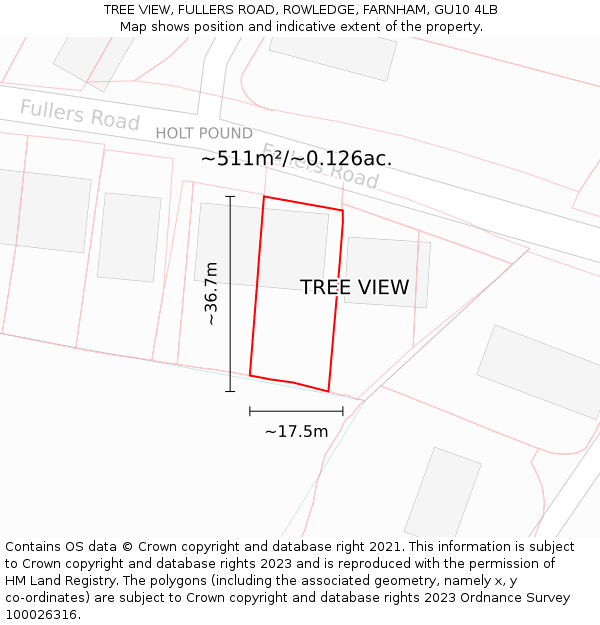 TREE VIEW, FULLERS ROAD, ROWLEDGE, FARNHAM, GU10 4LB: Plot and title map