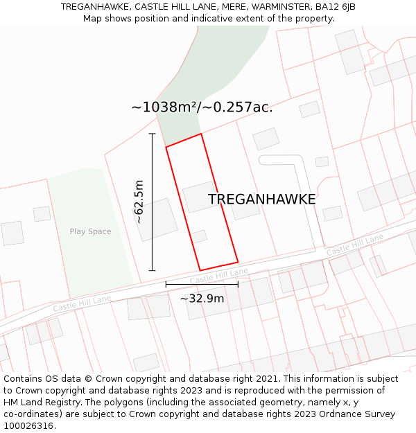 TREGANHAWKE, CASTLE HILL LANE, MERE, WARMINSTER, BA12 6JB: Plot and title map