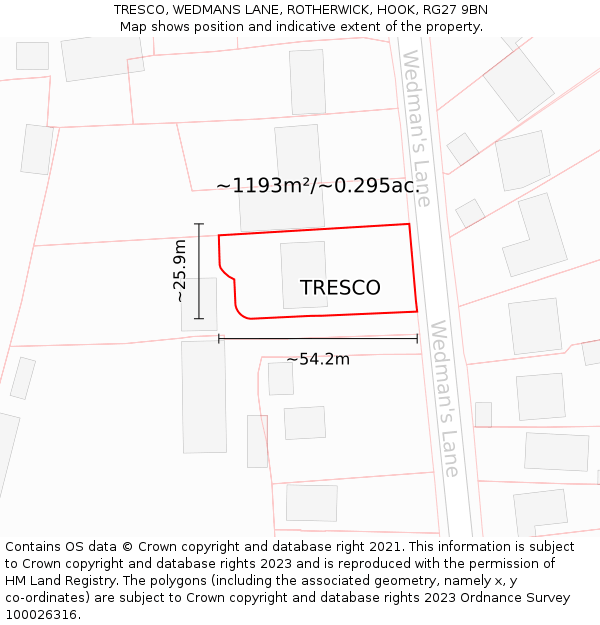 TRESCO, WEDMANS LANE, ROTHERWICK, HOOK, RG27 9BN: Plot and title map