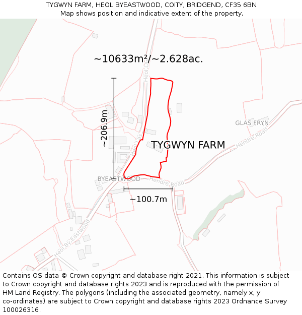 TYGWYN FARM, HEOL BYEASTWOOD, COITY, BRIDGEND, CF35 6BN: Plot and title map