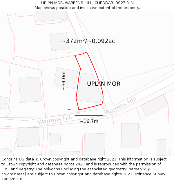 UPLYN MOR, WARRENS HILL, CHEDDAR, BS27 3LN: Plot and title map