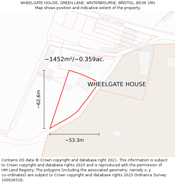 WHEELGATE HOUSE, GREEN LANE, WINTERBOURNE, BRISTOL, BS36 1RN: Plot and title map