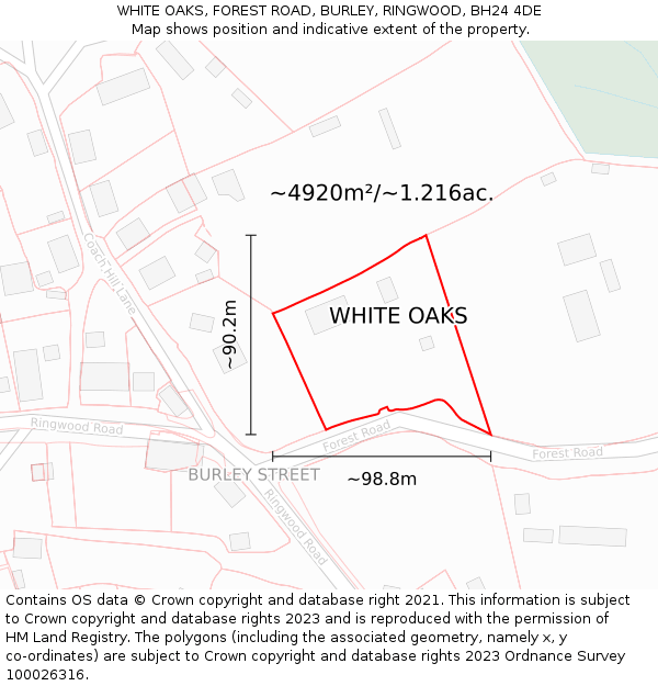 WHITE OAKS, FOREST ROAD, BURLEY, RINGWOOD, BH24 4DE: Plot and title map