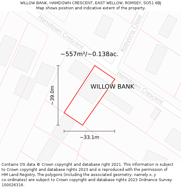 WILLOW BANK, HAMDOWN CRESCENT, EAST WELLOW, ROMSEY, SO51 6BJ: Plot and title map