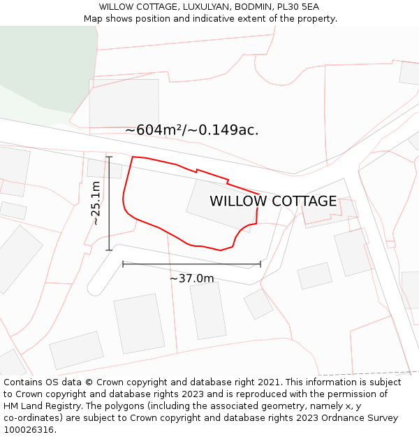 WILLOW COTTAGE, LUXULYAN, BODMIN, PL30 5EA: Plot and title map