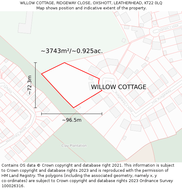 WILLOW COTTAGE, RIDGEWAY CLOSE, OXSHOTT, LEATHERHEAD, KT22 0LQ: Plot and title map