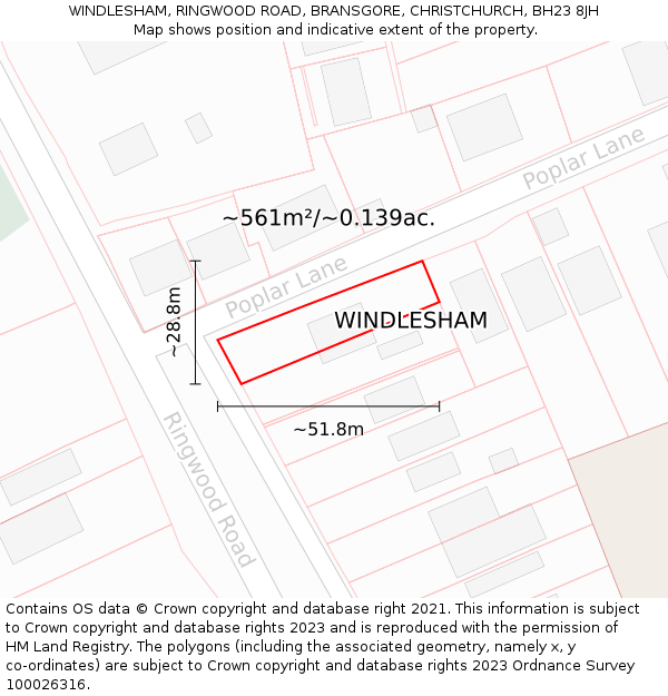 WINDLESHAM, RINGWOOD ROAD, BRANSGORE, CHRISTCHURCH, BH23 8JH: Plot and title map