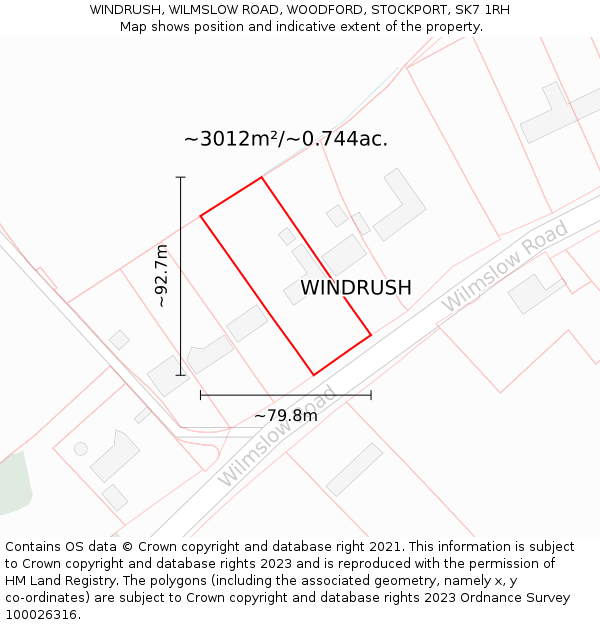 WINDRUSH, WILMSLOW ROAD, WOODFORD, STOCKPORT, SK7 1RH: Plot and title map