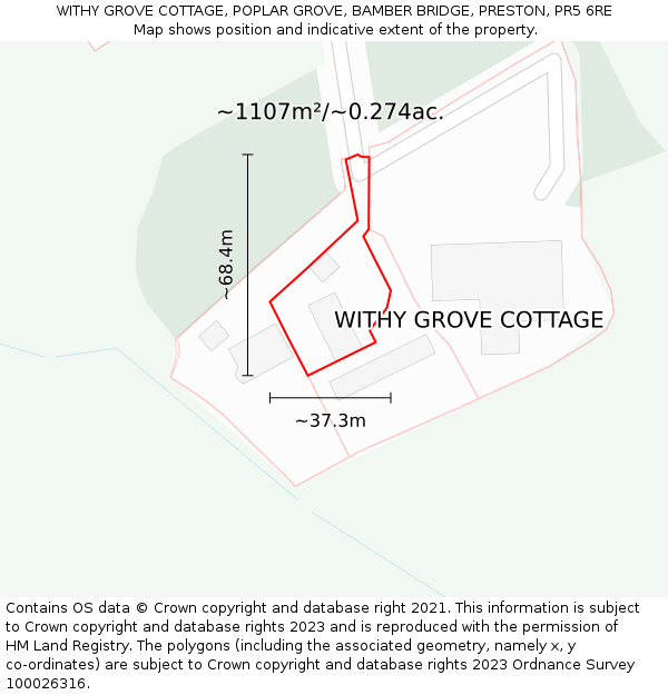 WITHY GROVE COTTAGE, POPLAR GROVE, BAMBER BRIDGE, PRESTON, PR5 6RE: Plot and title map