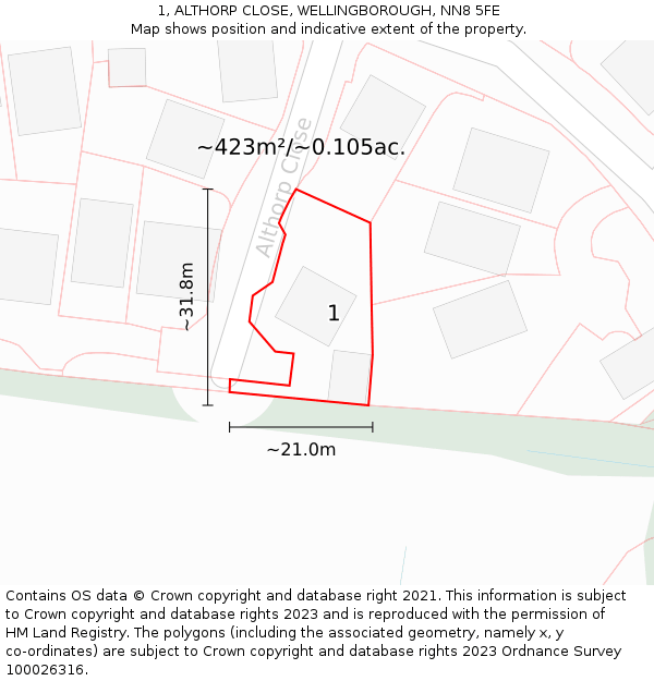 1, ALTHORP CLOSE, WELLINGBOROUGH, NN8 5FE: Plot and title map