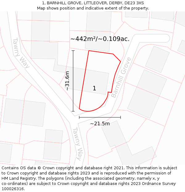 1, BARNHILL GROVE, LITTLEOVER, DERBY, DE23 3XS: Plot and title map