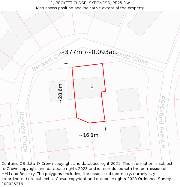 1, BECKETT CLOSE, SKEGNESS, PE25 3JW: Plot and title map