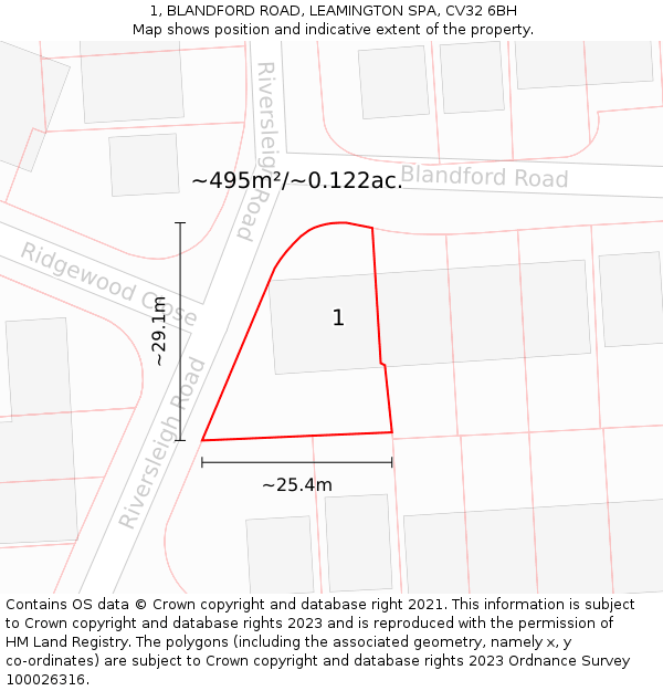 1, BLANDFORD ROAD, LEAMINGTON SPA, CV32 6BH: Plot and title map