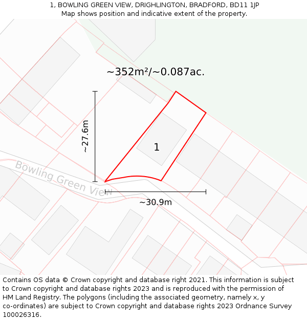 1, BOWLING GREEN VIEW, DRIGHLINGTON, BRADFORD, BD11 1JP: Plot and title map