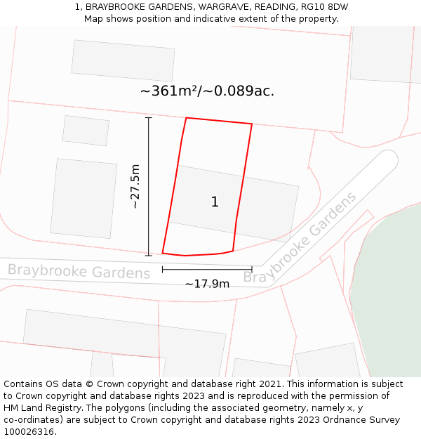 1, BRAYBROOKE GARDENS, WARGRAVE, READING, RG10 8DW: Plot and title map