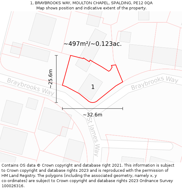 1, BRAYBROOKS WAY, MOULTON CHAPEL, SPALDING, PE12 0QA: Plot and title map