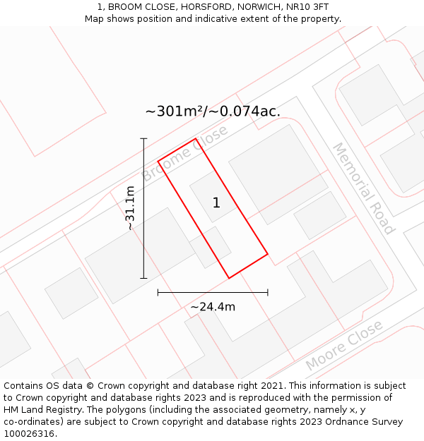 1, BROOM CLOSE, HORSFORD, NORWICH, NR10 3FT: Plot and title map