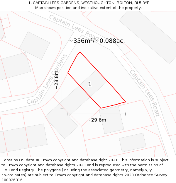 1, CAPTAIN LEES GARDENS, WESTHOUGHTON, BOLTON, BL5 3YF: Plot and title map